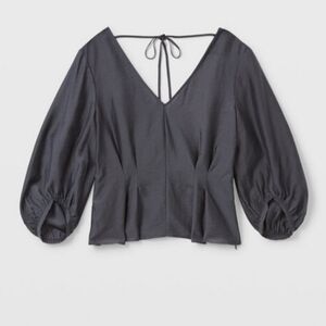 Euc, Club Monaco blouse, grey sheen, pitch sleeve, open back, pleated waist,sz m